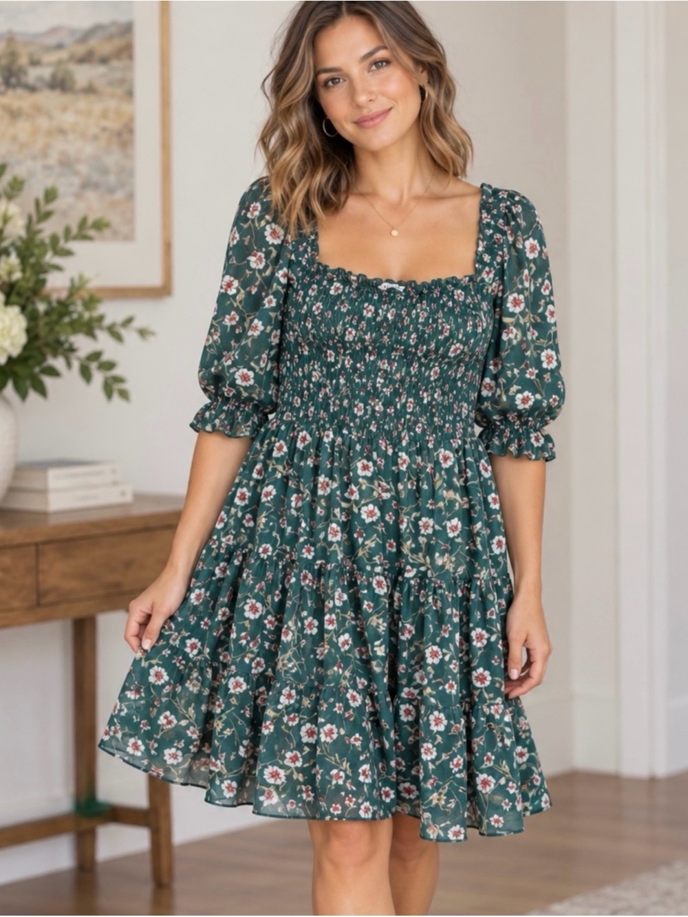 BALTIC BORN Green Floral Smocked Puff Sleeves Tiered Mini Dress Sz. Medium
